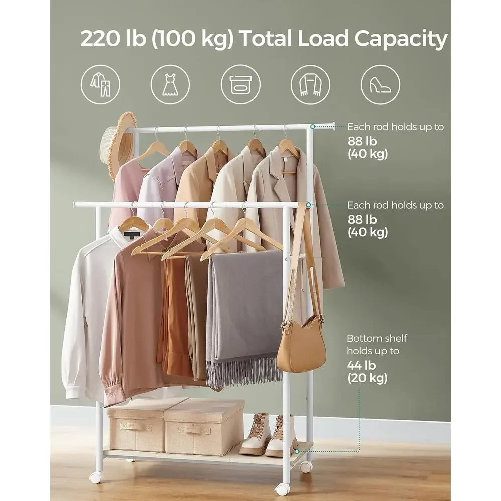 Clothes Rack with Wheels, Double-Rod 38.8 Inch Garment Rack, Shelf, up to 220 lb